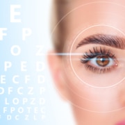 Beautiful female eye in scanning circle closeup and eyechart.