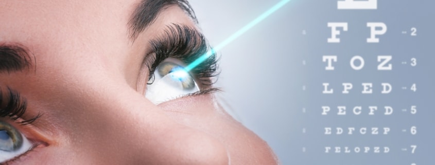 Close up of a woman's eye with a laser being used to perform LASIK eye surgery on her