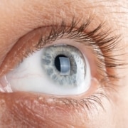 Close up of a patient's cornea fully healed after receiving a corneal transplant
